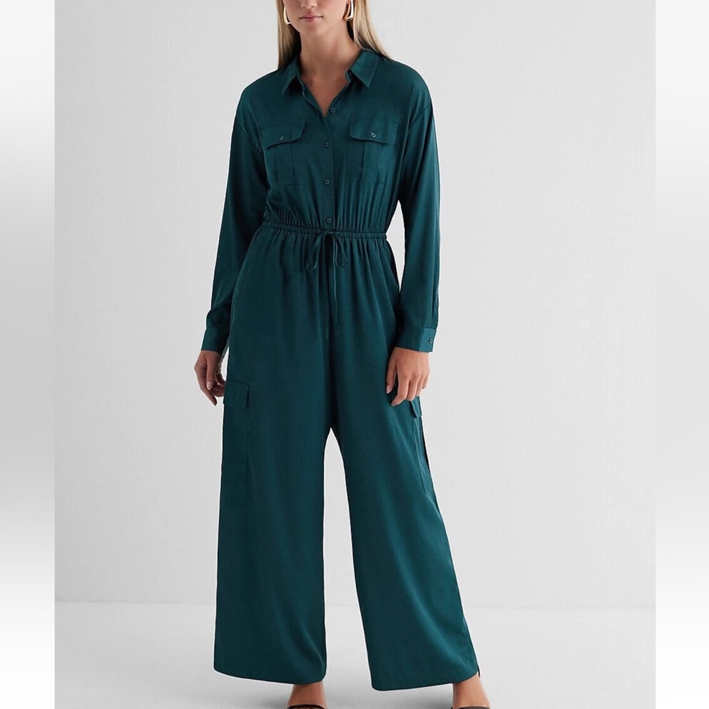 Express Deep Teal Button-Up Jumpsuit XL - Picture 2 of 12
